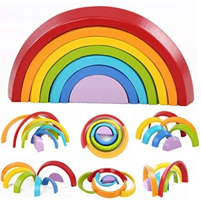 Imagen de XLKJ Puzzle Rompecabezas Apliable Diseño de Arco Iris Madera Juguetes Educativos Aprendizaje 7 Color para Niños