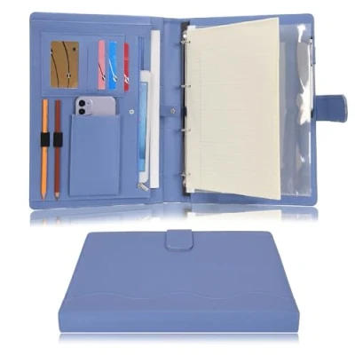 Imagen de Wonderpool A4 PU Cuero 4 Anillos Combo de Escritura Documentos Múltiples con Portapapeles Extraíble y Bolsillo Funcional para Organizador Oficina Viajes Escuela (Azul)