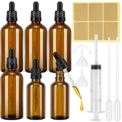 Imagen de Ambar Frasco Cuentagotas 50ml 100ml, 6 Piezas Botellas de Vidrio Ámbar con Pipetas Cuentagotas, Cristal para Perfumes Aceites Esenciales Aromaterapia Laboratorio