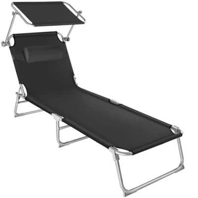 Imagen de TecTake® Tumbona Plegable con Toldo y Respaldo Regulables, Piscina Reposacabezas Parasol, Playa Resistente a la Intemperie, Tumbonas Jardín Exterior, Carga Máx. 110 kg Negro