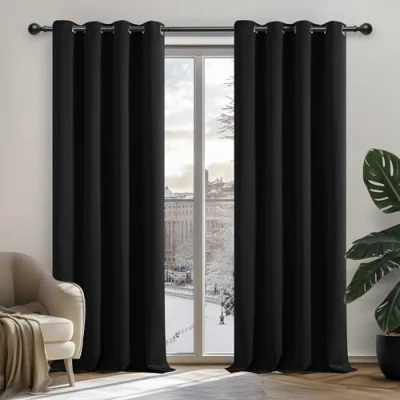 Imagen de Deconovo Cortinas Opacas para Interiores, 2 Piezas, 260 cm de Alto, Modernas térmicas salón, con ollados, 140 x (Ancho Alto), Negro