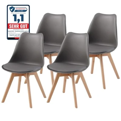 Imagen de Sillas de Comedor AARHUS, Juego 4, Gris con Patas en Madera Maciza, Haya, Diseño Retro Escandinavo