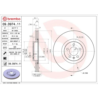 Imagen de BREMBO 09.D974.11 Disco de freno 312 25 5 ventilación interna revestido altamente carbonizado con tornillos AUDI: A1 Sportback