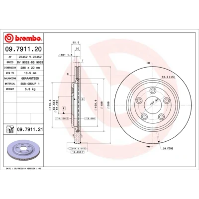 Imagen de BREMBO COATED DISC LINE 09.7911.21 Disco de freno 288 20 5 ventilación interna revestido JAGUAR: S Type, XJ Berlina