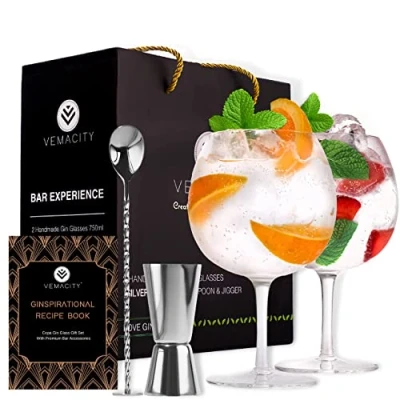 Imagen de Gin Tonic Glass for Lovers Juego de 2 vasos G&amp;T hechos a mano. Cuchara cóctel Plata, taza medidora doble cara y copas altas E Book Recetas Gratis (INGLÉS)
