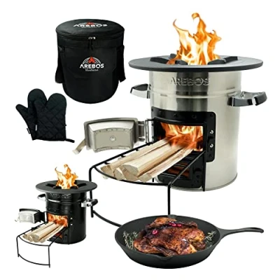 Imagen de Arebos horno de cohetes con sartén hierro fundido, bolsa transporte, holandés para barbacoa, cohete leña, camping