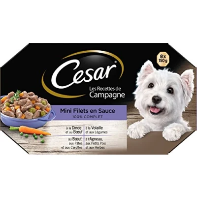 Imagen de Cesar Les Recettes de Campagne barquettes Mini filets en Sauce pour Chien Adulte aux 4 saveurs, 3 x 8 150g