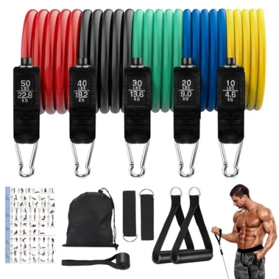 Imagen de FAOKZE Gomas elasticas musculación con 5 Niveles de Resistencia,Set Bandas Resistencia Anclaje para Puerta,Asas,Correa Tobillo,Bolsa Transporte,para Fitness/Estiramiento/Pilates