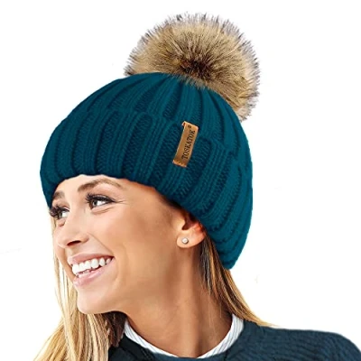 Imagen de TOSKATOK® Invierno de Las Mujeres Costilla Punto Hat/Beanie con Desmontable Piel Falsa Chunky Pom Bobble