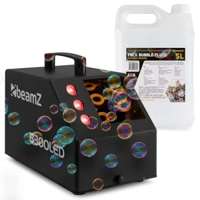 Imagen de BeamZ B300LED Máquina de burbujas LED RGB con 5L líquido incluida, ligera, portátil, depósito 700ml, mando a distancia, potente ventilador, para fiestas temáticas y eventos al aire libre