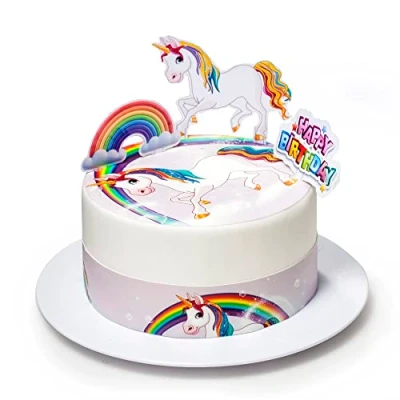 Imagen de Kardasis Decoración de Pastel Unicorn Papel comestible para decorar Divertidas decoraciones cumpleaños con temática la 20cm + 3 cintas 28x5cm 4 figuras