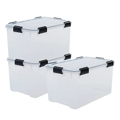 Imagen de Iris Ohyama 3 Cajas herméticas de plástico con tapa y cierres a presión, 70L, Transparente, sello impermeable, apilables, antipolvo, para ropas, camping, exteriores, cubo almacenaje, box, DDAT LD