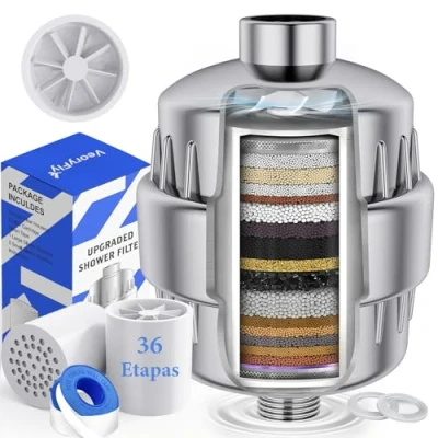 Imagen de Filtro Ducha 36 Etapas Purificador Incluidos Vitamina C E Antical Pelo Alta Presión Ablanda Agua Reduce Cloro Metales Alivia Picores, Mejora el Estado de la Piel y Cabello, 2 Cartuchos