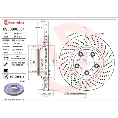 Imagen de BREMBO Disco de freno PORSCHE: 911 Coupé 350mm 34mm 5 ventilación interna 09.C986.31 Discos freno,