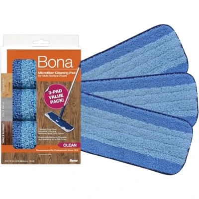 Imagen de Bona Almohadilla de limpieza microfibra, para suelos madera y superficies duras, se adapta a la familia fregonas, 3 unidades (paquete 3), color azul