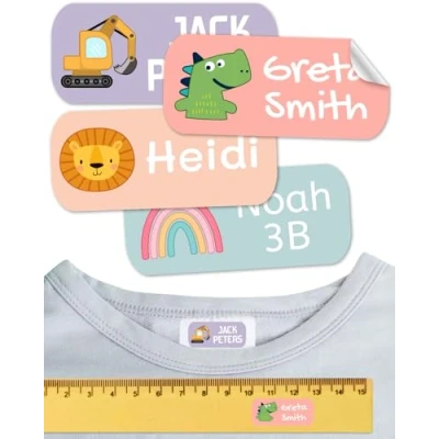Imagen de Etiquetas para ropa SIN PLANCHAR resistentes a los lavados. Pegatinas personalizadas material escolar. Adhesivas niños, guardería y colegios. (Aura, 100 Etiquetas)