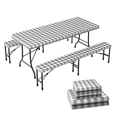 Imagen de VOUNOT Mantel Antimanchas a Cuadrados, Juego de 3 Piezas para Mesa Picnic y Bancos, Ajustable Vinilo Impermeable Fiestas, Exteriores, Camping