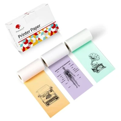 Imagen de Phomemo Papel M02/M02Pro/M02S/M03/M03AS/M04S/M04AS, Adhesivo Papel, Verde, Púrpura/Naranja, Mini Bolígrafo Bluetooth con 50mmx 3,5m, 3 Rollos