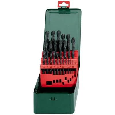 Imagen de Metabo 627152000 Estuche metálico de Brocas HSS R 25 Piezas Afilado Superficie cónica 118º diámetros 1,0 a 13,0 mm x 0,5 mm, 0 W, V, Negro
