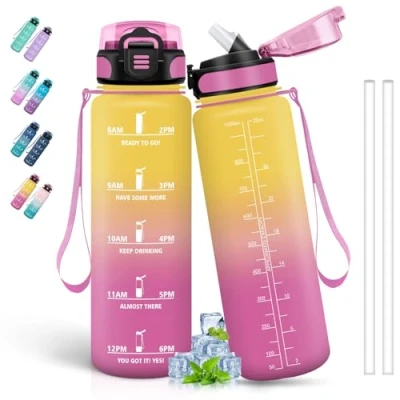 Imagen de Botella Agua 1 Litro, con Pajita, Fácil de Limpiar, Agua, A Prueba Fugas, Marca Tiempo, Deporte para la Ciclismo, Senderismo, Yoga, Amarillo Rosa