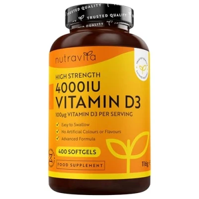 Imagen de Vitamina D3 4000 UI con 400 Comprimidos Softgel de Alta Dosis para Articulaciones, Huesos y Sistema Inmune Suministro 13 Meses Vitaminas D Colecalciferol Nutravita