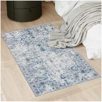 Imagen de TecTake® Alfombra de Salón Moderna, Diseño Oriental, Antideslizante, Lavable, Pelo Corto Extra Suave, Salon, Alfombras Dormitorio, Lavable Lavadora 150 x 80 cm Azul