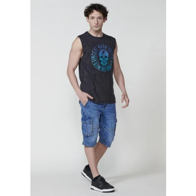 Imagen de Koroshi Camiseta Sin Mangas de Algodón. Cuello Redondo. Estampado Calavera Delantero. Color Negro para Hombre, Negro, Talla M