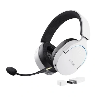 Imagen de Trust Gaming GXT 491W Fayzo Cascos Inalámbricos Bluetooth + 2.4 GHz, 7.1 Sonido Envolvente, Batería de 22 Horas, Auriculares RGB Over Ear PC PS5 PS4 Switch Blanco