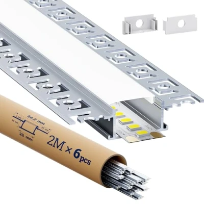 Imagen de HOOLED Perfil de aluminio para tiras LED 1 m x 6 unidades (6m) con cubierta PC mate, sección rectangular longitud lado 28 mm 13,8 (aletas 64,2 mm), ancho máximo tira 20,2 (SP44)