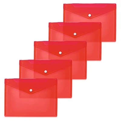 Imagen de HERMA 20054 Bolsas para documentos (DIN A5, 25 x 18 cm, polipropileno, 5 unidades), transparente con botón de presión, escuela, universidad, oficina, sobres color rojo