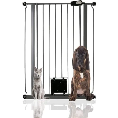 Imagen de Bettacare Barrera para Mascotas con Trampilla Bloqueable, 75cm 84cm, Gris Pizarra, Altura de 104cm, Seguridad Extra Alta Perros Gatos, Instalación Fácil