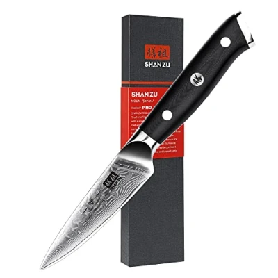 Imagen de SHAN ZU Cuchillo de Fruta Damasco, 9,5cm para Pelar, Cocina Acero Damasco Japones 67 Capas, Mango Material G10 Series PRO