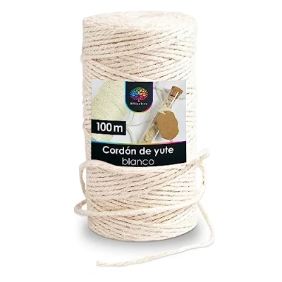 Imagen de OfficeTree 100m Hilo de Yute Blanco 2mm Rollo Cuerda Blanca para Manualidades Decoración y Trabajos Jardinería Huerto Cordel Envolver Regalos
