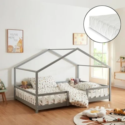 Imagen de [en.casa] Cama para niños Treviolo de Madera Pino con Colchón Espuma fría 120 x 200 cm Infantil Reja Protectora Casita Forma casa Gris