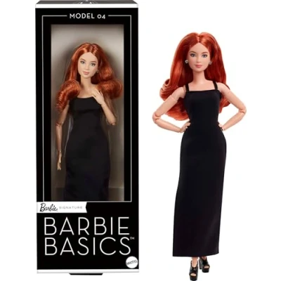 Imagen de Mattel Barbie Basics Modelo 04 Muñeca de coleccionista con Pelo Rojo Rizado, Minivestido Negro y Botas, Ropa Intercambiable Otras muñecas, Cuerpo pequeño articulado Cabeza Intercambiable, JBH74