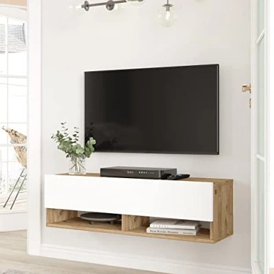 Imagen de [en.casa] Mueble TV Suspendido con Espacio de Almacenaje Mesa Tele Pared Puerta y 2 Estantes Aglomerado 100 x 32 30 cm Roble Rústico/Blanco