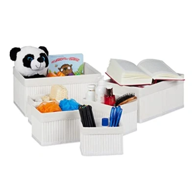 Imagen de Relaxdays, Blanco Set de Seis cestas almacenaje, Funda Tela, Bambú, Cuadrado y Rectangular, Organizador, Algodón
