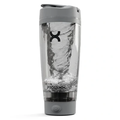 Imagen de Promixx Pro Shaker Bottle Botella recargable, potente para batidos suaves de proteínas, incluye almacenamiento suplementos, sin BPA, taza 20 onzas, gris frío