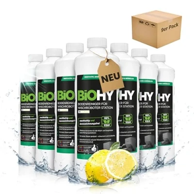 Imagen de BiOHY Limpiador de suelos para robot fregado con aroma fresco (9 x 1 litro) Detergente concentrado todos los robots limpieza y aspiración función húmeda, sin espuma rayas,