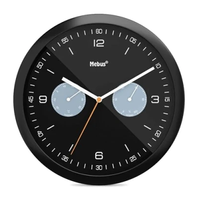 Imagen de Mebus Reloj de Pared Cuarzo con termómetro e higrómetro, Negro, 26 cm Durchmesser