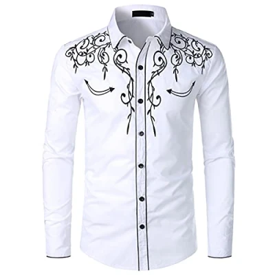 Imagen de NW Camisa de vaquero occidental para hombre con estilo bordado slim fit casual manga larga camisas boda fiesta camisa, blanco, M