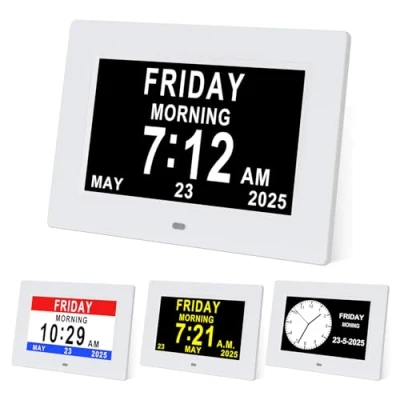 Imagen de TMCC Reloj Digital con Dalendario, Demencia Despertador, 12 Opciones de Alarma, Extra Grande, no Abreviado, Día y Mes, Pérdida Memoria, para Visión Problemas Ancianos, Alzheimer, Padres Regalo