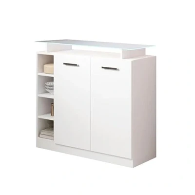Imagen de MB Muebles Bonitos Aparador recibidor para la Entrada con 2 Puertas Ancho 97 x Alto 87 Profundo 35 cm Mueble en Blanco Brillo Estante de Cristal y luz LED Modelo Paola 2P