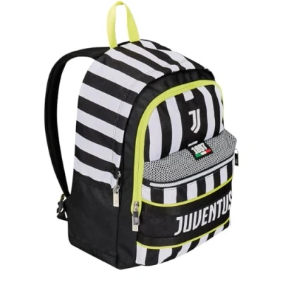 Imagen de Seven mochila escolar extensible F.C. Juventus Fútbol WIN IS THE RULE, blanco negro doble compartimento desmontable mediante cremallera y con bolsillo porta botella, niño,