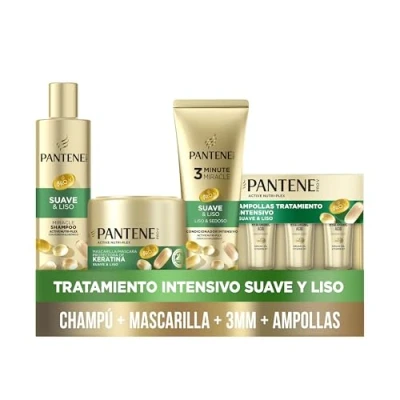 Imagen de Pantene Pro V Suave Y Liso Champú 250ML Mascarilla Protectora De Keratina 300ML, Acondicionador 3MM 220ML, Ampolla 3X15ML
