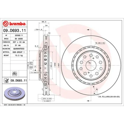 Imagen de BREMBO 09.D693.11 Disco de freno 357 34 5 ventilación interna revestido LEXUS: LS IV