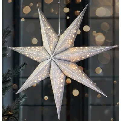 Imagen de BRUBAKER Estrella de Navidad 3D para Colgar Papel LED con Temporizador Adviento 60 cm Diseño Moderno Funciona Pilas Decoración Navideña Plateada