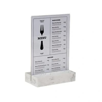 Imagen de EUROPEL soporte para letreros con base de polipiedra blanca, acrílico transparente A5, en T, presentación dos caras, póster menú, folleto, restaurante, hotel, conferencia