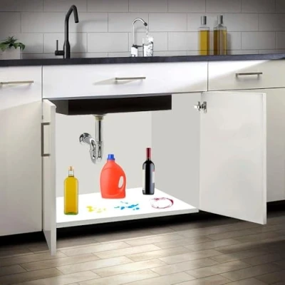 Imagen de Evotrade Protección para debajo del fregadero de cocina aluminio, base (dimensiones a elegir 562 mm, 862 mm o 1162 mm) con soporte Fabricado en Italia (1162 x 530)