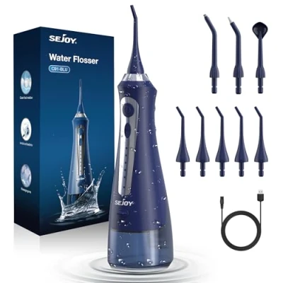Imagen de Sejoy Hilo dental de agua para limpieza dientes, irrigador recargable sin cable, portátil eléctrico, 5 modos limpieza, 8 puntas chorro, IPX7 impermeable, 230 ml, viajes y hogar